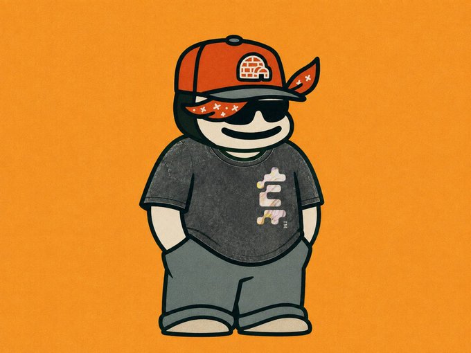 A cartoon mascot character wearing a red cap, sunglasses, a red bandana, and a dark gray t-shirt with a logo, standing against an orange background.