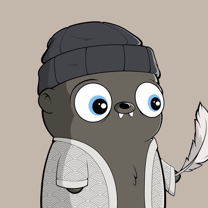 A digital cartoon illustration of a gray, round-bodied creature wearing a dark beanie and a white robe with a gray wave pattern, holding a white feather quill.