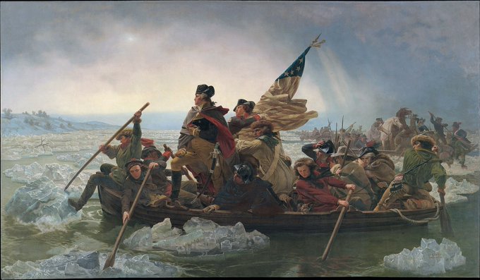 A classical painting depicts George Washington and soldiers crossing an icy river in a boat, with one soldier holding an American flag.
