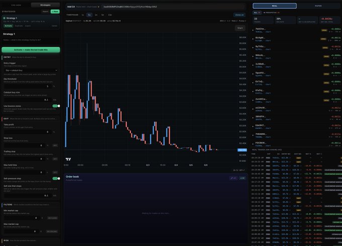 A dark-themed cryptocurrency trading interface (Strategy 1) showing a candlestick chart for a token contract, with trading parameters and a list of trades in the right panel.