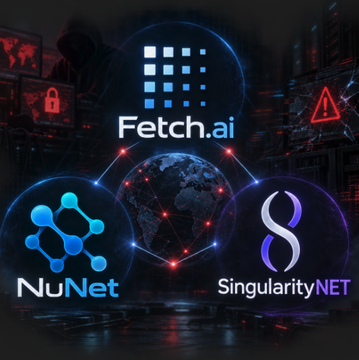 A promotional graphic featuring the logos of Fetch.ai, NuNet, and SingularityNET arranged around a glowing globe against a dark, tech-themed background.
