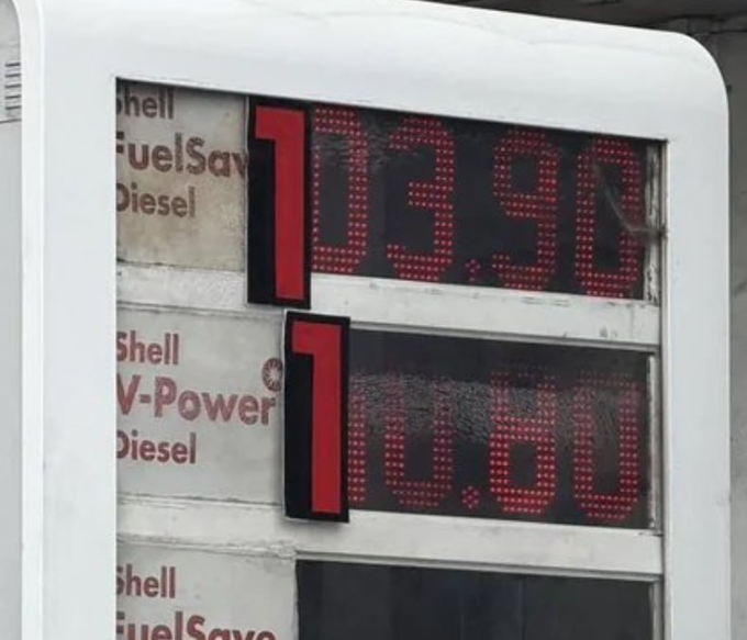 A Shell gas station price sign displaying $6.99 for Shell V-Power Diesel and $6.79 for Shell FuelSave Diesel.