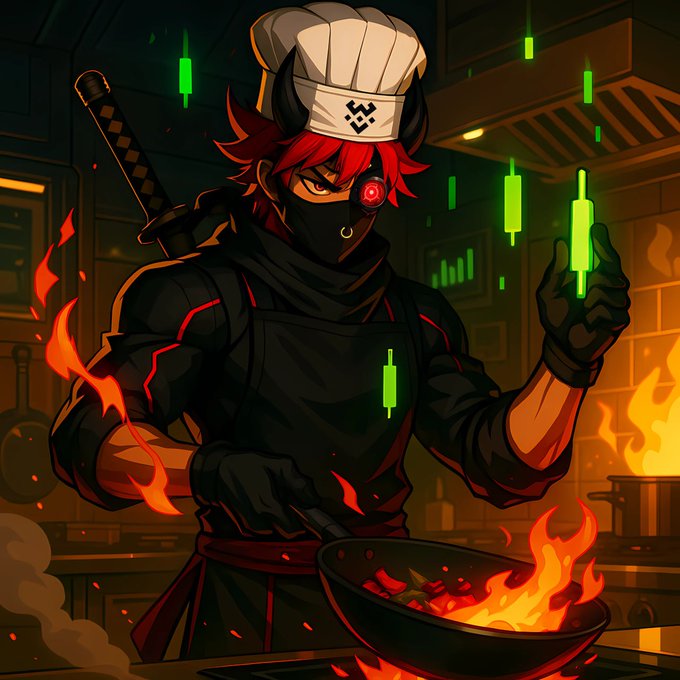 A ninja-styled anime chef with red hair, horns, and a glowing red eye flame-cooks in a wok while holding a green Bitcoin-like candlestick, symbolizing "cooking up" bullish BNB price action during the so-called "BNB szn."