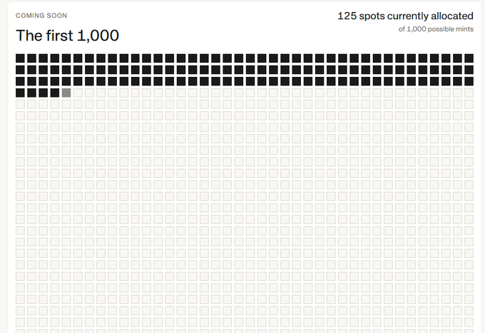 A minimalist dashboard titled 'The first 1,000' with the subtitle 'COMING SOON' and '125 spots currently allocated of 1,000 possible mints', displaying a grid of black, gray, and white squares representing allocation status.