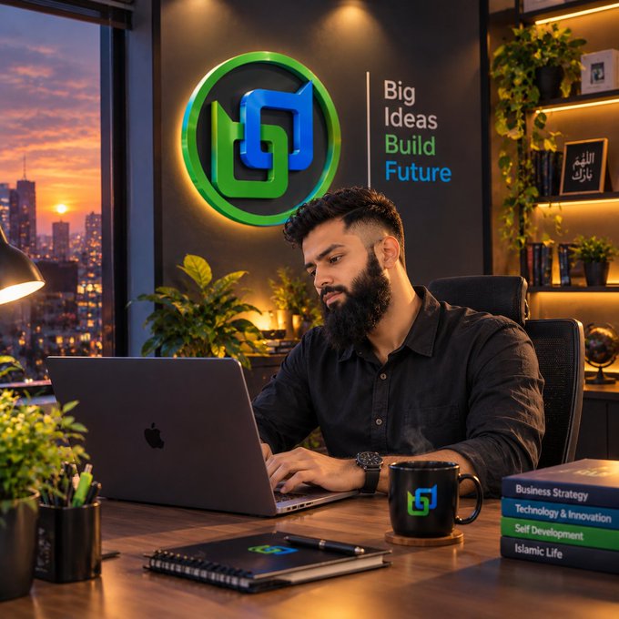 A bearded man works at a desk with a laptop in front of a logo reading 'Big Ideas Build Future', with a stack of books titled 'Business Strategy', 'Technology & Innovation', 'Self Development', and 'Islamic Life' beside him.