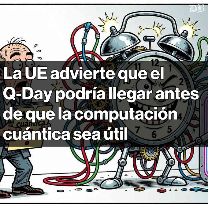 An illustration of a panicked man standing next to a complex, ticking machine-clock monster with wires, overlaid with Spanish text: "La UE advierte que el Q-Day podría llegar antes de que la computación cuántica sea útil".