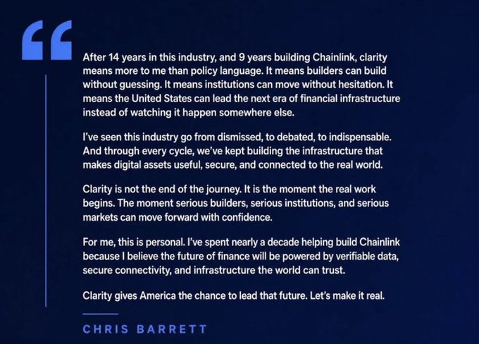 A quote graphic on a dark blue background featuring a statement from Chris Barrett discussing regulatory clarity for the digital asset industry, mentioning his 14 years in the industry and 9 years building Chainlink.