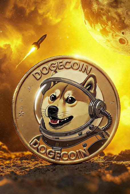 A digital artwork of a Dogecoin coin featuring the Shiba Inu dog in an astronaut helmet, set against a dramatic orange cosmic background with a rocket and a moon.