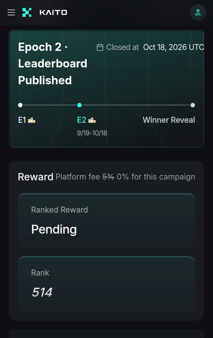 A KAITO platform screenshot shows an 'Epoch 2 Leaderboard Published' campaign that closed on October 18, 2026, with a pending ranked reward and the user holding rank 514.