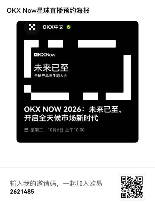 Promotional poster for 'OKX NOW 2026' event in Chinese, scheduled for Tuesday, October 6 at 10:00 AM, featuring a QR code and invitation number 2621485.