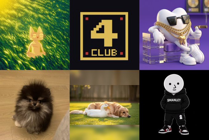 A collage featuring six images representing the top meme coin runners: a meditating cat ($CETS), a golden pixelated "4" labeled "CLUB" ($FOURCLUB), a tooth wearing sunglasses and gold chains ($REMUS), a fluffy Pomeranian ($BOBAOPPA), a golden retriever cuddling a goose ($LOUIE), and a stick figure character wearing a hoodie labeled "$MANLET."

The image directly corresponds to the post, with each panel serving as a visual mascot for one of the listed tickers ($CETS, $FOURCLUB, $REMUS, $BOBAOPPA, $LOUIE, and $MANLET), highlighting these as today's top-performing meme coins on FOMO.