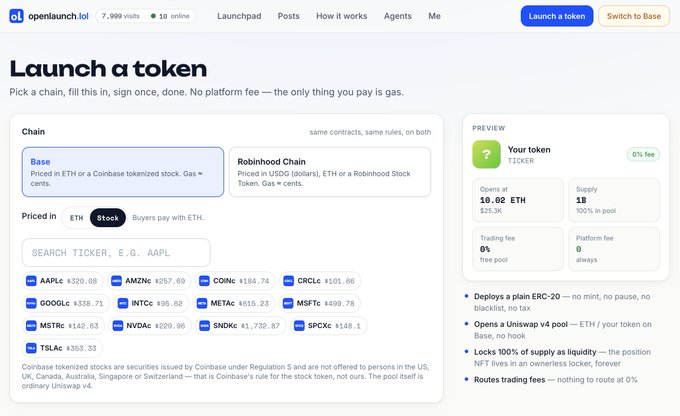 The image shows the openlaunch.lol "Launch a token" page with Base selected as the chain, displaying various stock tickers like AAPL ($320.08), AMZN ($257.69), GOOGL ($358.71), MSFT ($142.63), NVDA ($420.96), TSLA ($353.33), COIN ($184.74), MSTR ($515.23), CRCL ($101.66), MSFTc ($498.79), and SPXc ($148.1) available for pairing with the new token. This illustrates the new feature mentioned in the post, allowing users to launch tokens on Base paired with Coinbase tokenized stocks, with a preview showing the token will have 1B supply and 0% fees.