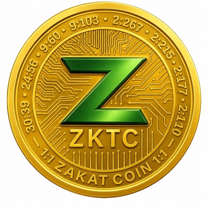 A golden "Zakat Coin" ($ZKTC) token featuring a green "Z" emblem on a circuit-board background, with surrounding text listing Quranic verse references (30:39, 24:56, 9:60, 9:103, 2:267, 2:215, 2:177, 2:110, 1:1) that tie the cryptocurrency's branding to Islamic financial principles and charitable giving—directly reinforcing the post's emphasis on ZakPay's role in payments and charitable use cases.