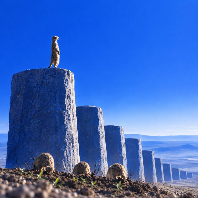 A meercat standing upright on a tall blue stone pillar, with other meercats at the base near a row of descending pillars against a bright blue sky.