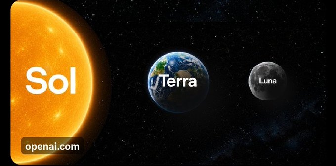 A cosmic scene displays the Sun labeled "Sol," Earth labeled "Terra," and the Moon labeled "Luna," with the URL "openai.com" in the corner. The image humorously references OpenAI's naming of new AI models after the very cryptocurrencies that collapsed during the 2022 bear market, suggesting a cheeky connection between the AI giant and the infamous crypto failures.