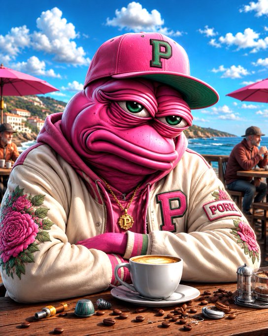 A 3D-rendered, stylized pink creature with a grumpy expression, wearing a white 'PORKS' varsity jacket with floral embroidery, a pink cap with a 'P' logo, and a Bitcoin necklace, sitting at a seaside café table with a cappuccino.