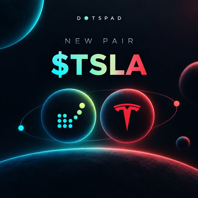 A promotional graphic titled 'NEW PAIR $TSLA' with the 'DOTSPAD' logo, featuring two planet-like spheres with a pixelated logo and the Tesla 'T' logo on a dark, cosmic background.