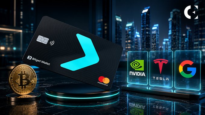A promotional image for the Sitget Wallet debit card featuring a Bitcoin coin, with logos for NVIDIA, Tesla, and Google visible against a city skyline backdrop.