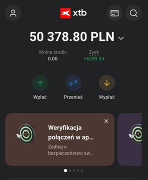 A mobile banking app screen for XTB showing an account balance of '50 378.80 PLN', a profit of '+6289.34', and options for deposit, transfer, and withdrawal, with a verification popup.