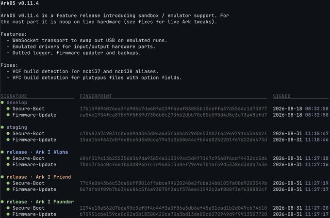 Screen capture showing ArkOS v0.11.4 release notes featuring sandbox/emulator support, WebSocket transport for USB emulation, and signed firmware packages (Secure-Boot and Firmware-Update) for various Ark I hardware releases dated August 2026.