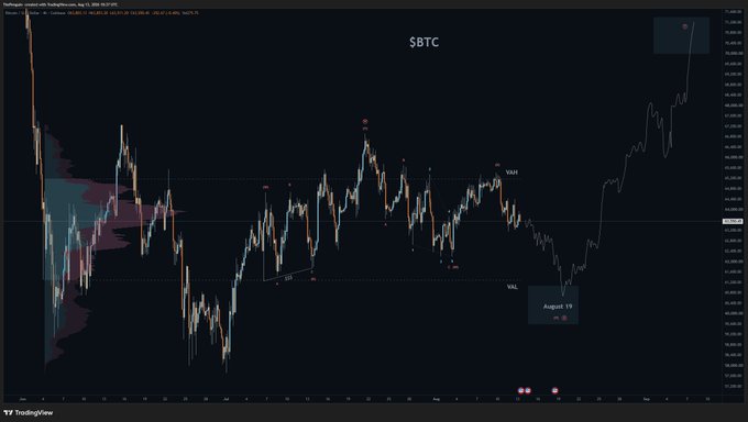A TradingView chart of $BTC on a daily timeframe from around July to August 19, featuring candlestick price action with point-of-control (POC) levels, VAL/VAH markers, and highlighted regions indicating volume profile support/resistance zones. The chart visually reinforces the poster's bearish intermediate alternate scenario for Bitcoin, showing price action struggling near the Value Area Low (VAL) around early August with downside targets in view.