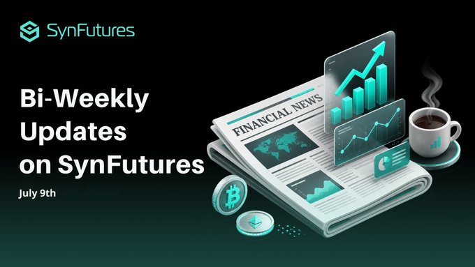 This image is a promotional graphic for "Bi-Weekly Updates on SynFutures" dated July 9th, featuring financial news, crypto coins (Bitcoin and Ethereum), and stock market charts, all visually representing the company's focus on tokenized stock trading infrastructure. The visual elements of market data and financial news directly support the post's announcement about building infrastructure for seamless tokenized stock trading.