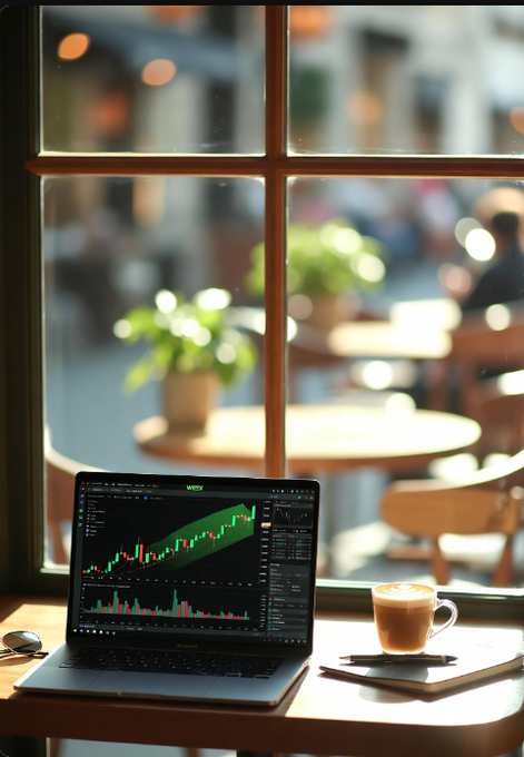 A laptop displaying a green candlestick stock chart on a cafe table beside a latte, with a window view of the street outside.