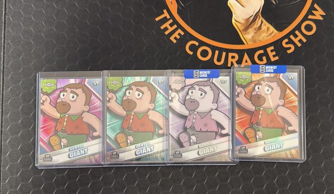 Four Gentle Giant comic-style collectible cards, each numbered differently (/250, /199, /30, and /25) and graded by Beckett, are displayed on a textured surface in front of "The Courage Show" backdrop, matching the for-sale listing of the 4-card set.