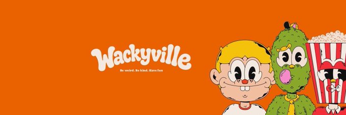 The image features a bright orange background with cartoon characters (a blonde boy, a green cactus-like figure, and a popcorn bucket character) on the right side, alongside the stylized white text "Wackyville — Be weird. Be kind. Have fun."

The caption aligns with the post's message by showcasing the vibrant, quirky art style of illustrator @uyo66_ that embodies the playful "Wackyville" brand identity celebrating weirdness and kindness.