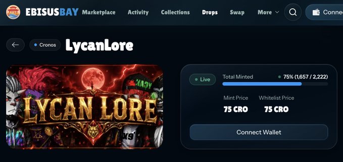 NFT marketplace listing on EBISUSBAY for a collection called 'Lycanlore' on the Cronos blockchain, showing 75% minted (1,657 / 2,222), a mint price of 75 CRO, and a whitelist price of 75 CRO, with a 'Connect Wallet' button.
