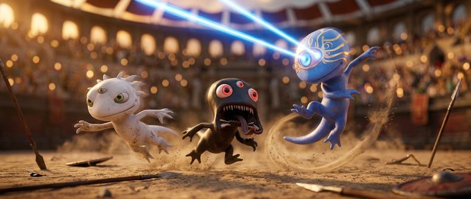 A 3D-rendered fantasy image showing cute cartoon monster characters—a white lizard-like creature, a black dinosaur-like creature with large red eyes, and a blue dragon-like creature with glowing blue patterns—running across a dusty arena floor with a stadium crowd in the background.