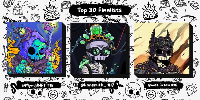 A digital graphic titled 'Top 30 Finalists' displays three skull-themed NFT illustrations credited to @MynddNFT #18, @kansmith_ #17, and @missifusita #16.