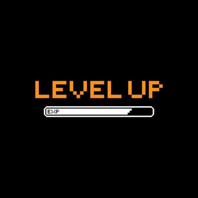 A retro 8-bit style graphic showing 'LEVEL UP' in orange pixel text with a nearly full 'EMP' progress bar underneath on a black background.