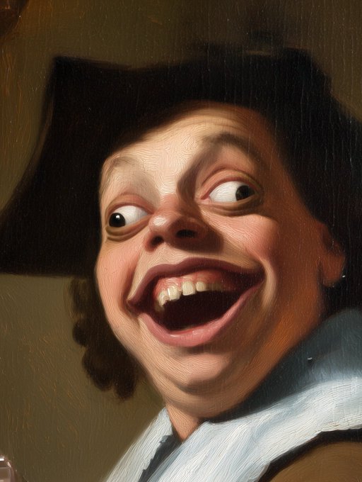 A painted portrait in classical style depicting a smiling young man with an exaggerated, open-mouthed grin wearing a dark tricorn-style hat and a white collared shirt.