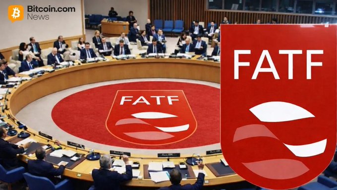 The image shows a FATF (Financial Action Task Force) plenary session with officials seated around a circular table displaying the FATF logo. The Bitcoin.com News banner appears in the corner, visually framing the post's claim that FATF has recognized Hedera (HBAR) alongside Solana as approved Layer 1 settlement layers for institutional and government crypto transactions.