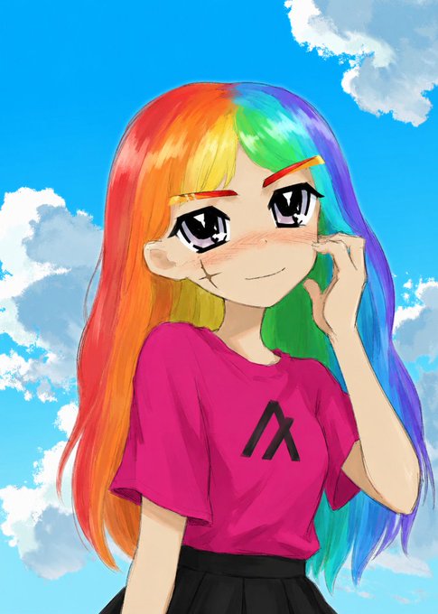 A digital anime-style illustration of a girl with rainbow-colored long hair, blushing cheeks, and a pink t-shirt with a black 'A' logo, set against a blue sky with clouds.