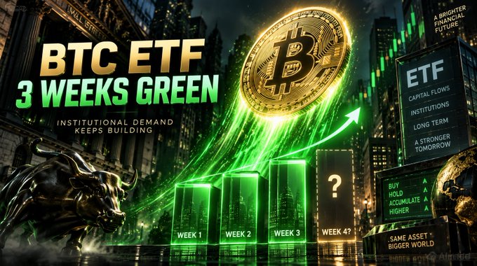 A promotional graphic for Bitcoin ETFs featuring a large Bitcoin coin and bull imagery, with text announcing "BTC ETF 3 WEEKS GREEN" and "INSTITUTIONAL DEMAND KEEPS BUILDING," showing weekly performance bars for Weeks 1-3 with Week 4 marked as unknown.