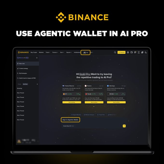 A Binance promotional graphic reads “USE AGENTIC WALLET IN AI PRO” above a laptop displaying Binance’s AI trading interface and a highlighted “Sign in Agentic Wallet” button.