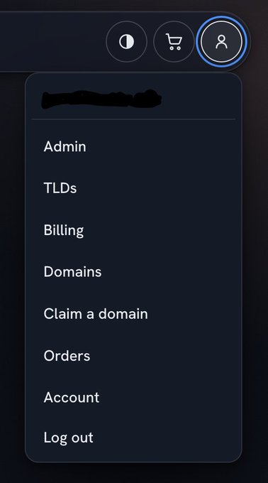 A dark-themed account menu dropdown showing options including Admin, TLDs, Billing, Domains, Claim a domain, Orders, Account, and Log out, with a blurred username at the top.