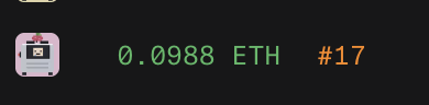 A brief text snippet showing a small icon next to '0.0988 ETH #17' in green and orange text on a dark background.