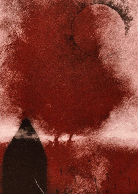 An abstract dark red image featuring a round sphere shape resembling a moon or sun against a textured, blood-red background with a dark pointed shape in the lower left.