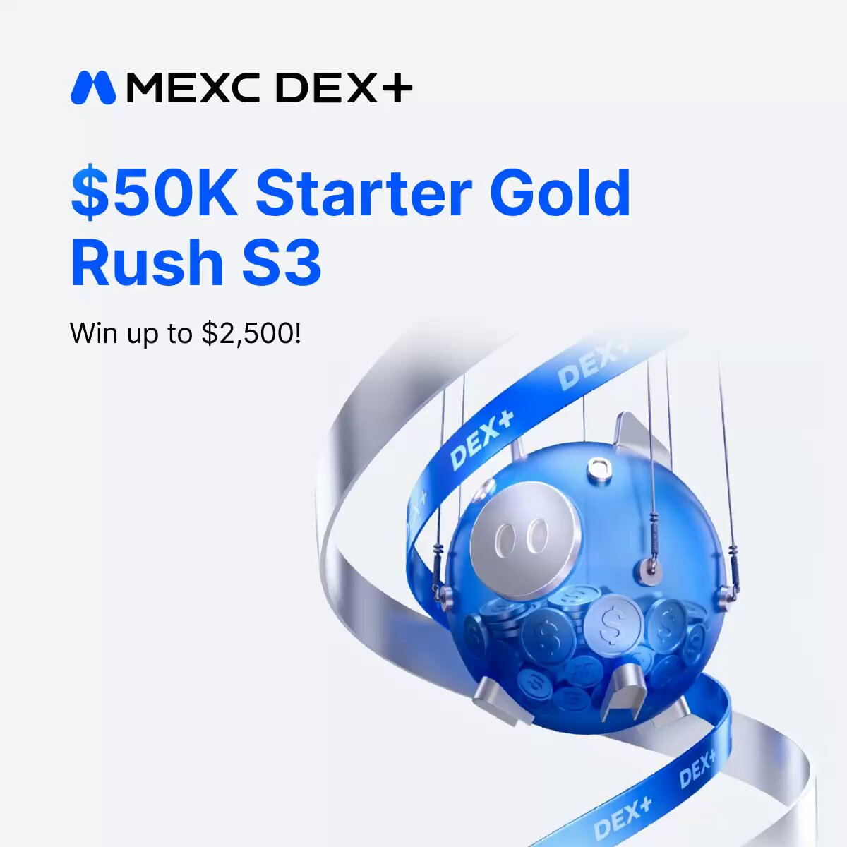 The image features a large blue piggy bank placed centrally in the center of two blue ribbons that are swirled around each other with gold coins attached to them, forming a circular design. The piggy bank appears to be made from real coins. In the background behind these elements is text which says "MEXC DEX + Starter Gold Rush S3: Share 50k UST in rewards Jun 8 - Jun 22".