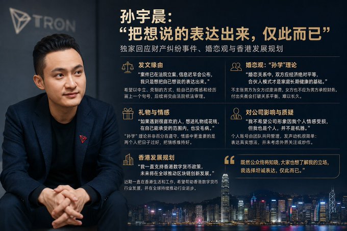 A Chinese-language infographic featuring TRON founder 孙宇晨 (Justin Sun) seated in front of a Hong Kong skyline, with six categorized Q&A sections addressing topics including his发文缘由 (reason for the post), 礼物与情感 (gifts and emotions), 婚恋观 (views on marriage), 对公司影响与成就 (company impact), and 香港发展规划 (Hong Kong development plans). The headline quote reads "把想说的表达出来，仅此而已" (Just expressing what I wanted to say, that's all), relating to the post about Sun accepting a media interview to respond to his previous statement.