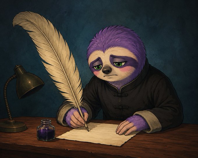 A digital illustration of a sad purple sloth wearing a dark jacket, writing with a large feather quill at a wooden desk lit by a lamp, with an inkwell nearby.