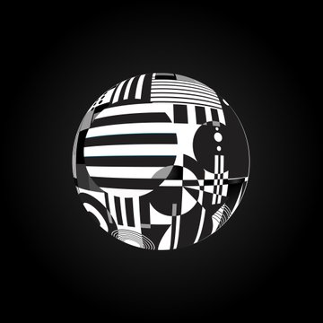 A circular black and white geometric logo or emblem featuring abstract shapes, stripes, and patterns on a dark background.