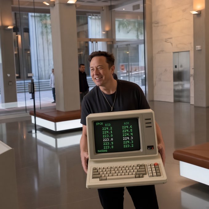 A man stands smiling in a modern building lobby, proudly holding an old-fashioned beige computer displaying green text showing ticker data including "SPCK," "BTD," and "RSK" with various decimal numbers. The retro tech aesthetic and cryptic ticker symbols on the screen connect to the post's cryptic tease about an upcoming NFT announcement, suggesting these tickers may represent the mysterious NFT project being hinted at.