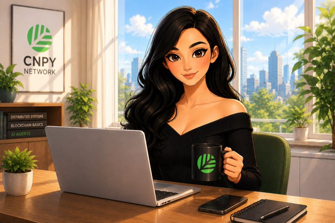 An anime-style illustration shows a woman with long dark hair at a modern desk, holding a black mug branded with the green "CNPY Network" logo, with a laptop, smartphone, and notebook nearby, while a framed "CNPY NETWORK" poster and bookshelf displaying "DISTRIBUTED SYSTEMS," "BLOCKCHAIN BASICS," and "AI AGENTS" decorate the room against a bright city skyline. The image visually reinforces the post's message about Canopy Network's emphasis on ownership over rented infrastructure, with the workspace and tech-themed books symbolizing developer autonomy and the mug serving as a central brand emblem.