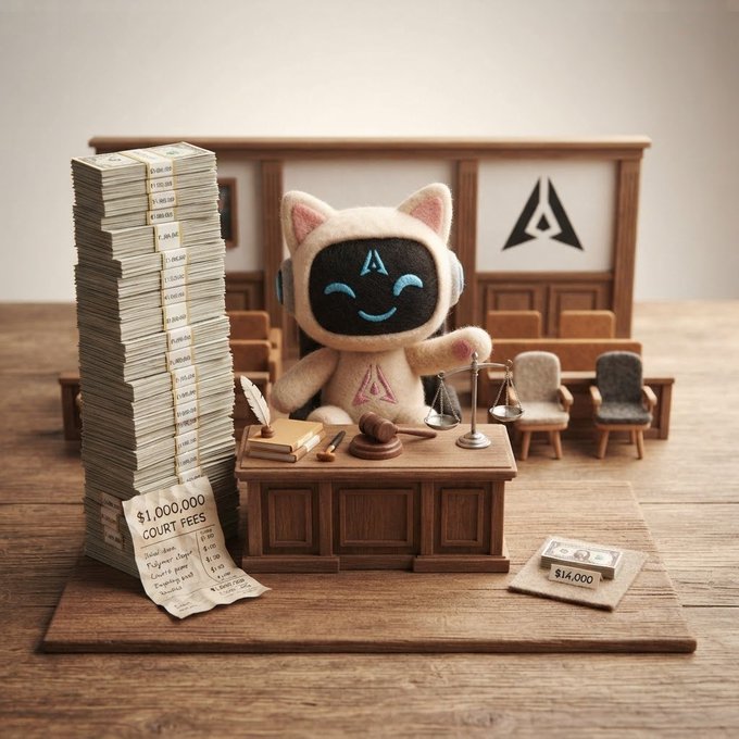 A whimsical, stylized diorama showing a plush-like character wearing a white cat hoodie presiding over a miniature courtroom, with a massive stack of $1,000,000 in court fees bills and a balance scale on a dark wooden desk.