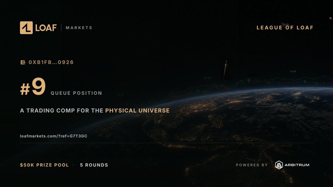 A promotional graphic for "Loaf Markets" displays the user at queue position #9 with their referral code "0xB1FB...0926," highlighting the "$50K PRIZE POOL" and "5 ROUNDS" alongside the Arbitrum logo, with the tagline "A TRADING COMP FOR THE PHYSICAL UNIVERSE." The image reinforces the post's claims about the competition's prize money, round count, and the poster's current standing in the referral queue.