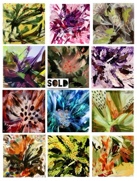 A 3x4 grid of small abstract floral paintings in various vibrant colors, with one panel marked with a 'SOLD' sticker.